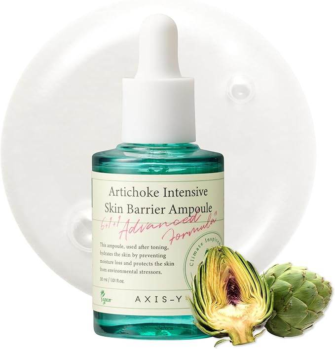 Axis-Y Artichoke Intensive Skin Barrier Ampoule with artichoke plant on a white background