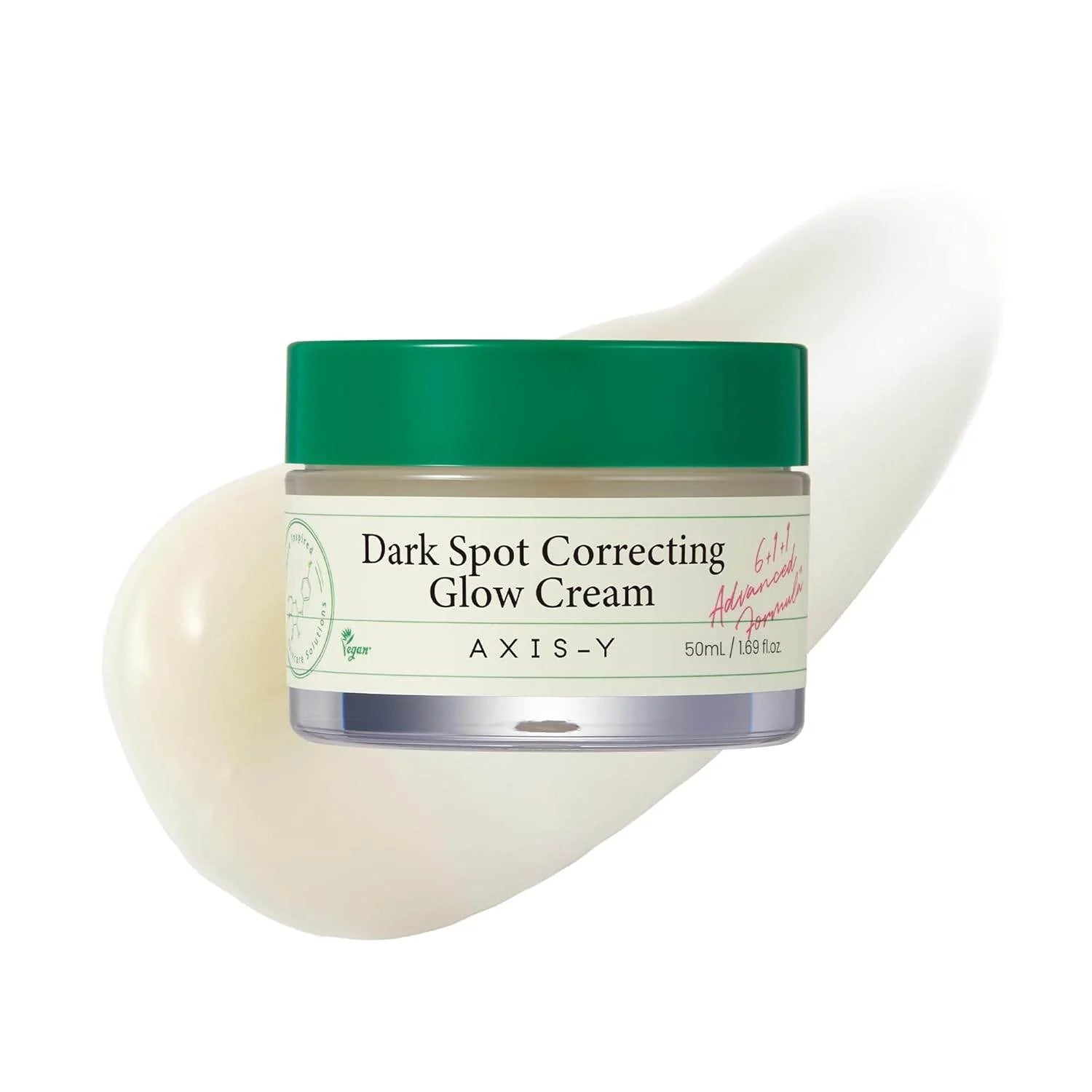 Jar of Axis-Y Dark Spot Correcting Glow Cream with a green lid on a white background