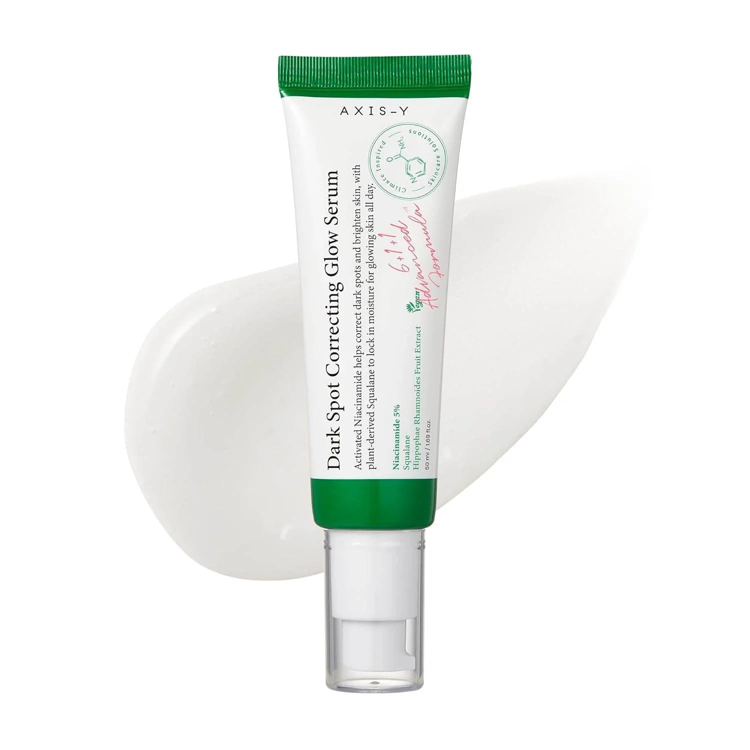 Axis-Y dark spot correcting glow serum with green cap on a white background