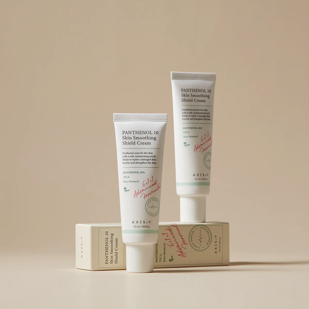 Two tubes of Panthenol 10 Skin Smoothing Shield Cream by Akesu on a beige background