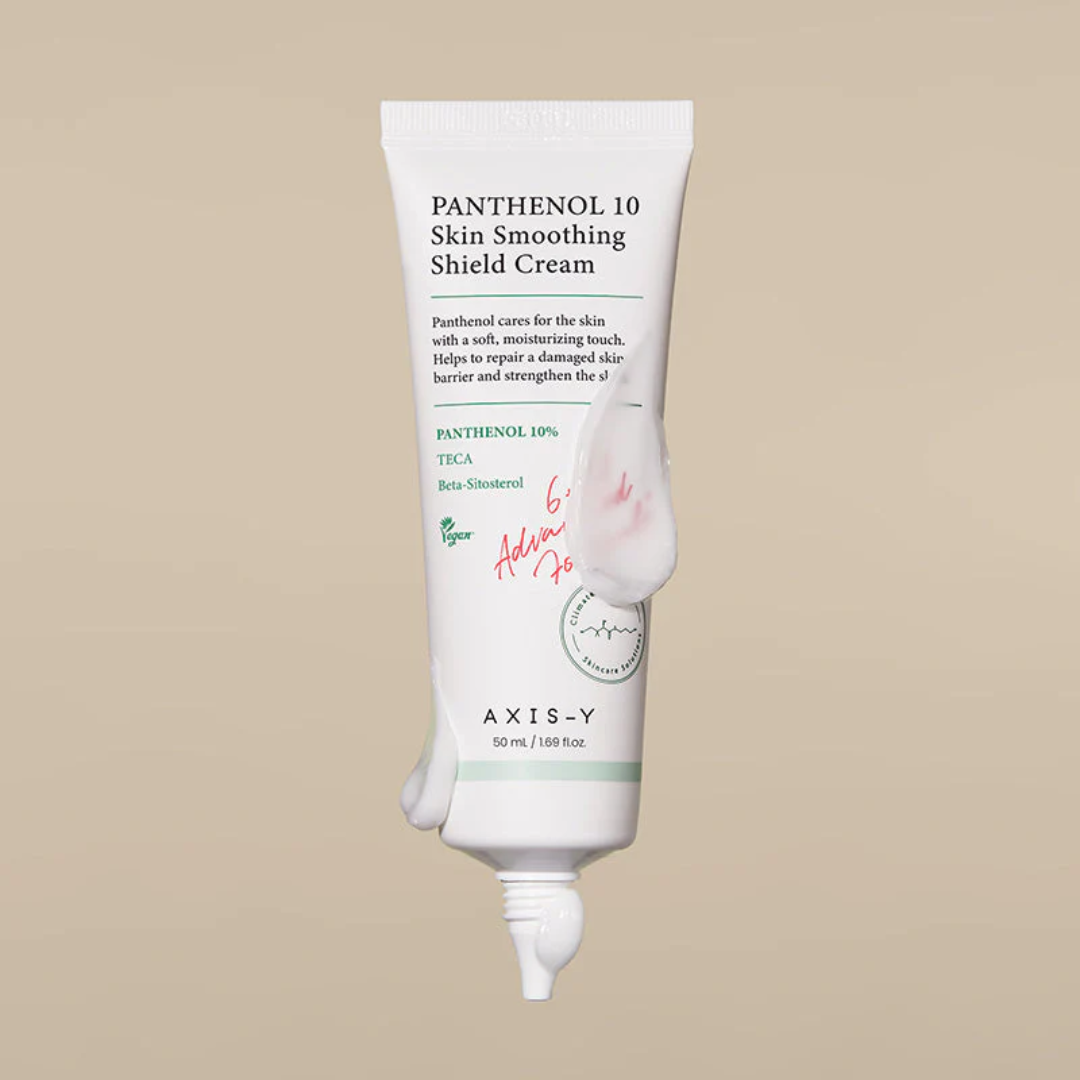 Tube of Panthenol 10 Skin Smoothing Shield Cream on a beige background