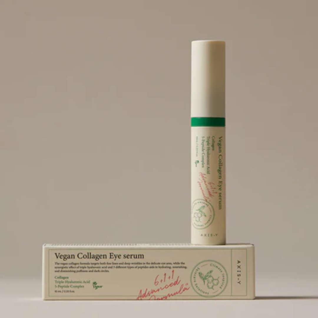Vegan collagen eye serum with packaging on a beige background