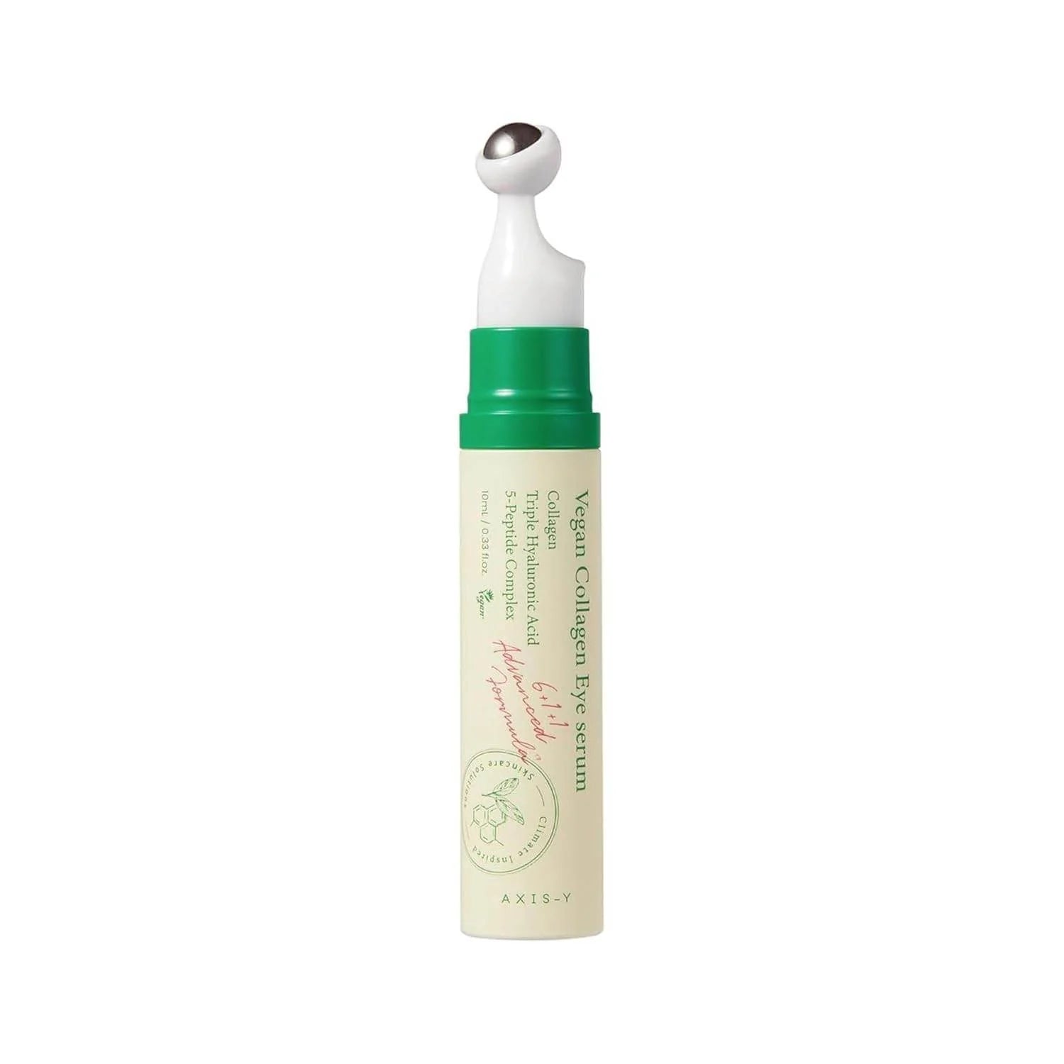 Skincare serum bottle with green cap and white nozzle on a white background