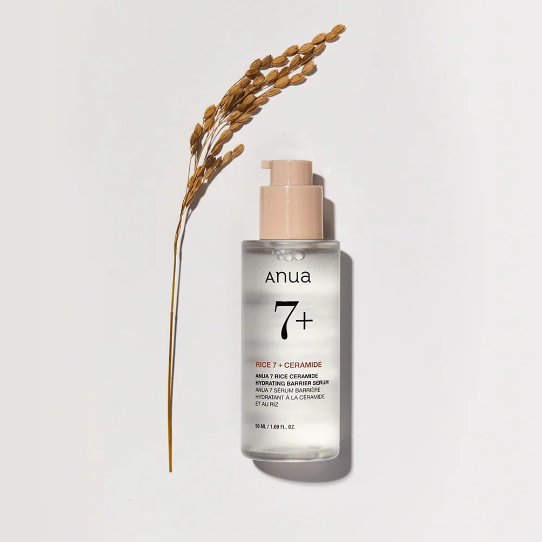 Anua skincare serum bottle with a plant on a light background