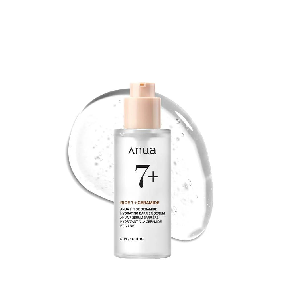 Anua Ceramide Serum bottle and liquid on a white background