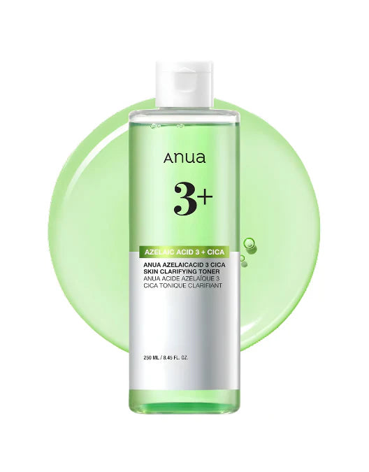 Anua 3+ skin clarifying toner bottle with green background