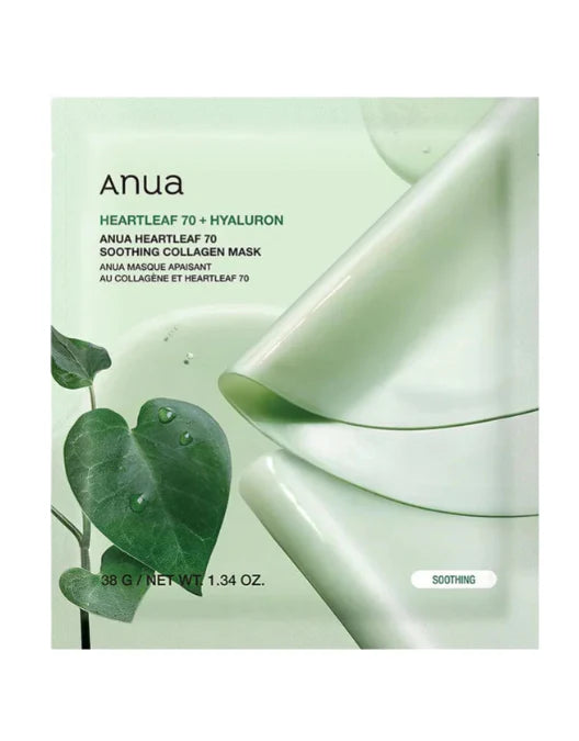 Anua Heartleaf 70 + Hyaluron collagen mask packaging with green leaf design.