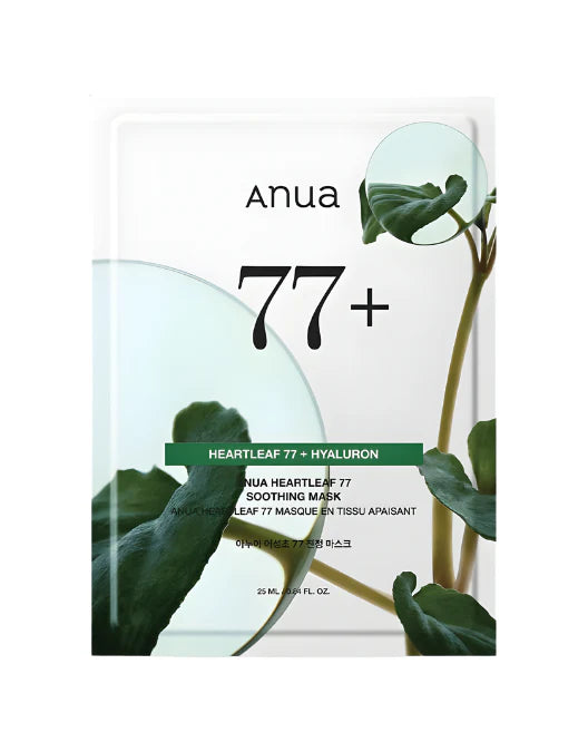 Anua Heartleaf 77+ Hyaluron skincare mask packaging with green leaves on a white background