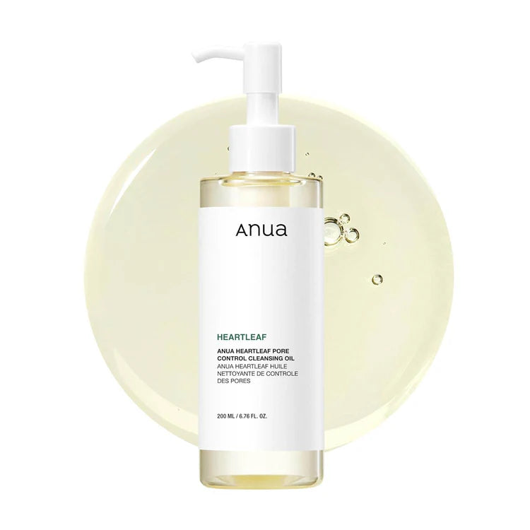 Anua Heartleaf cleansing oil bottle and liquid on a white background