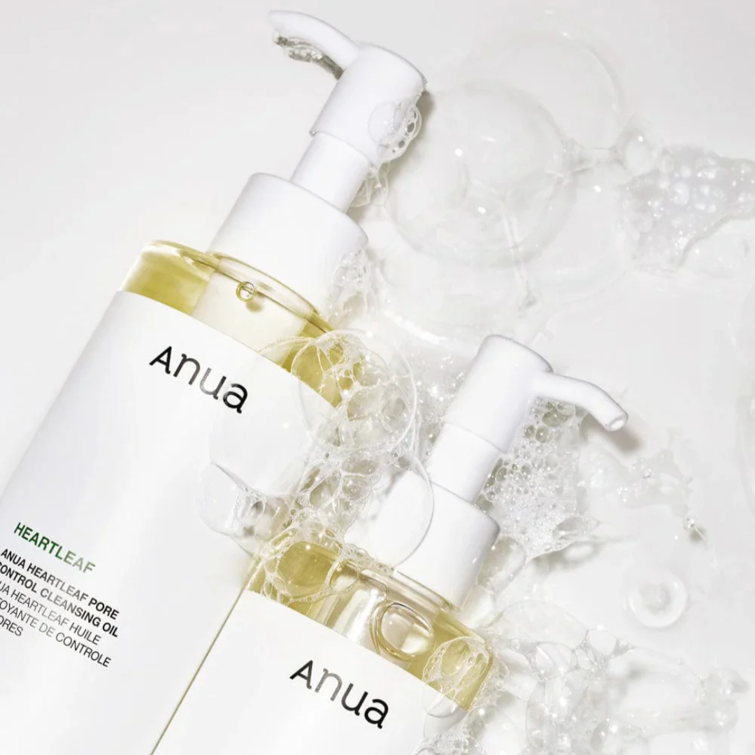 Two bottles of Anua Heartleaf cleansing oil with a white background