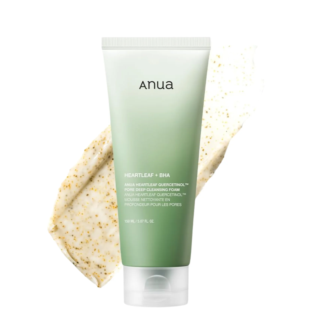 Green tube of anua skincare product with a scrub on a white background
