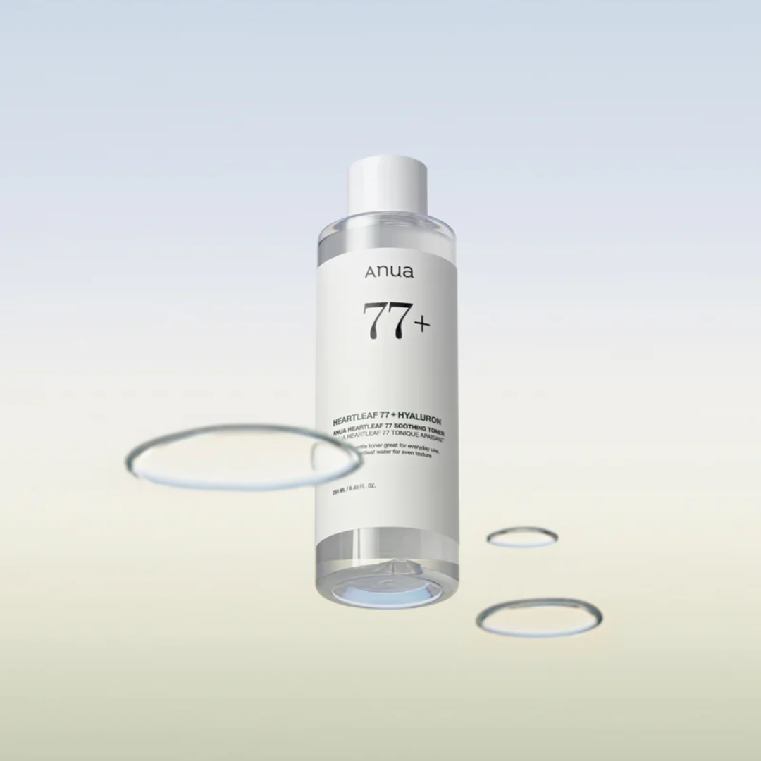 Anua 77+ skincare bottle on a light gray background