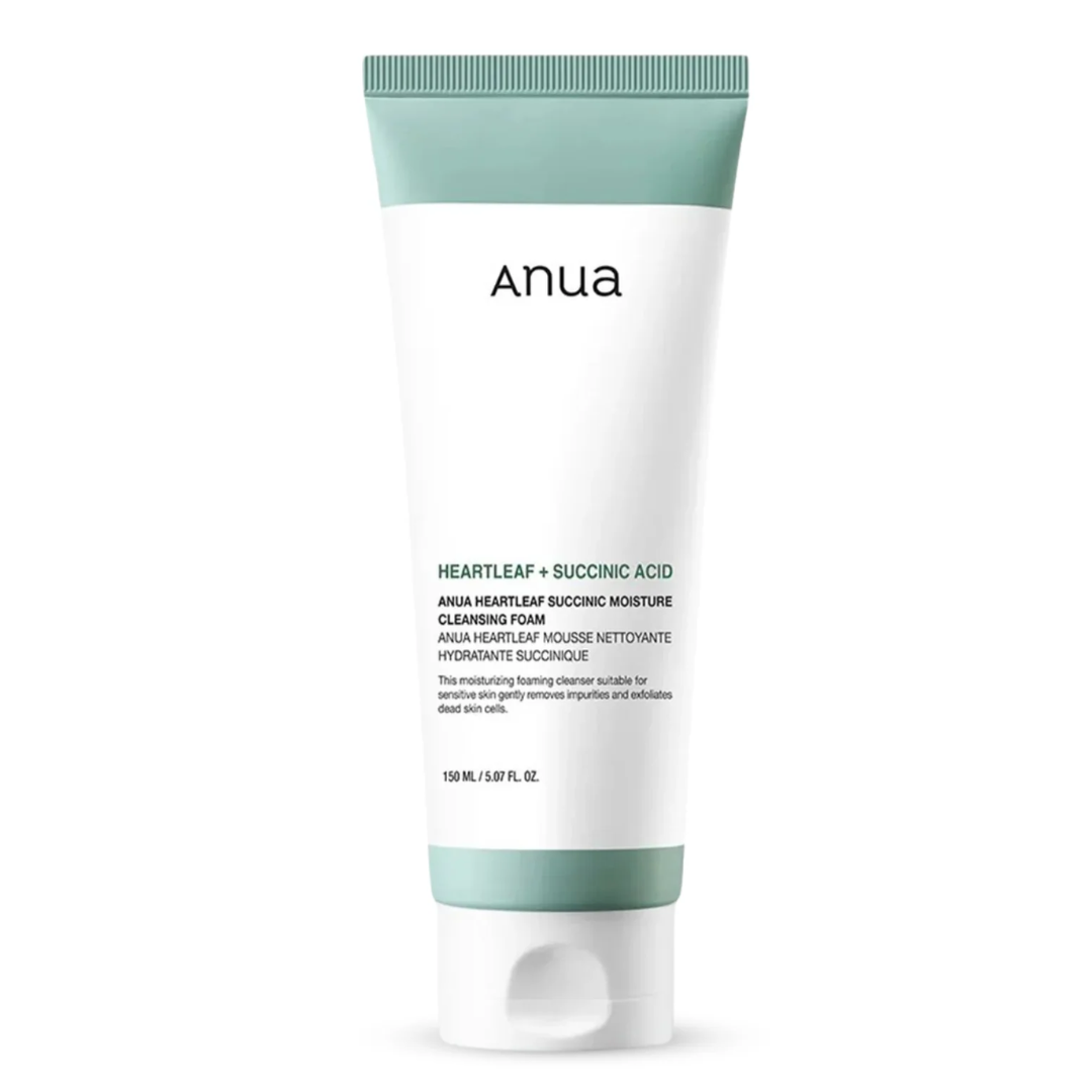 Tube of Anua cleansing foam with green cap and label on a white background