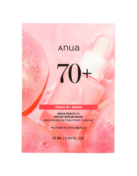 Anua 70+ Peach Niacin Serum Mask packaging on a white background