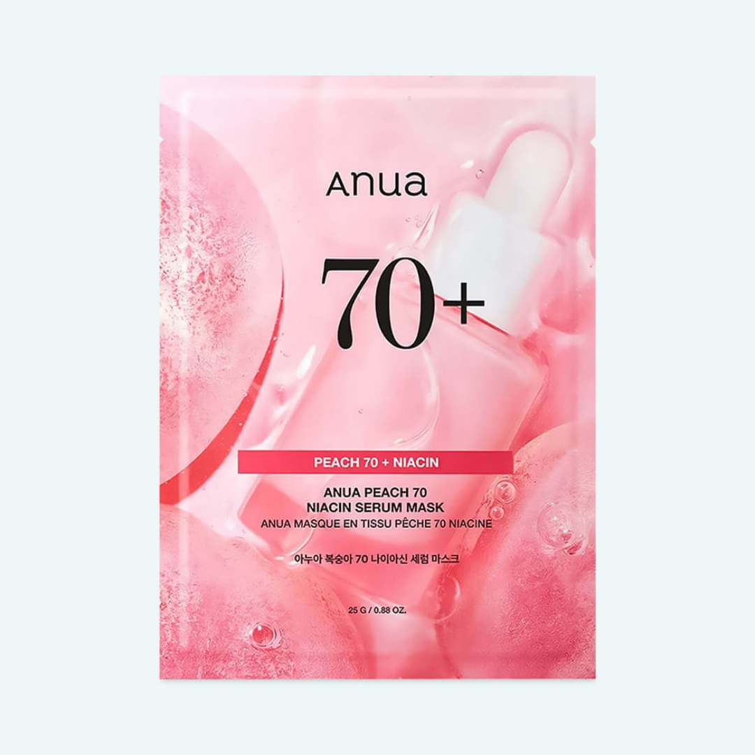 Anua Peach 70 + Niacin serum mask packaging on a light pink background