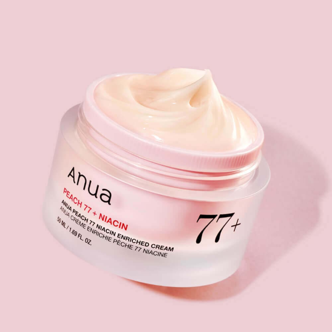 Anua 77+ cream jar with pink background