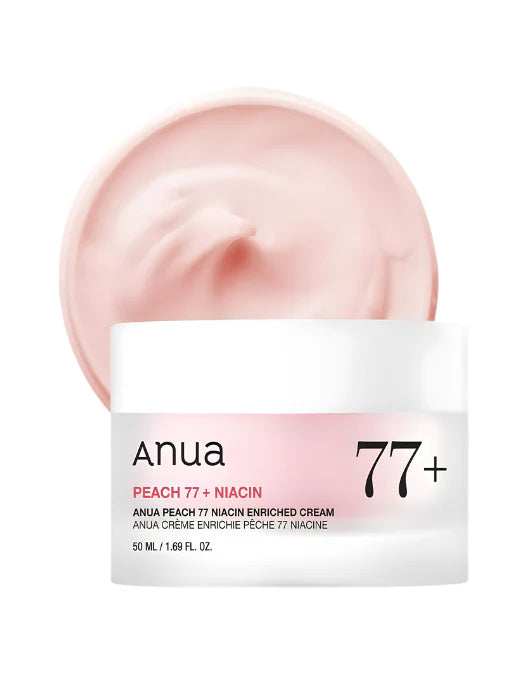 Anua Peach 77+ Niacin skincare cream jar with pink cream on a white background