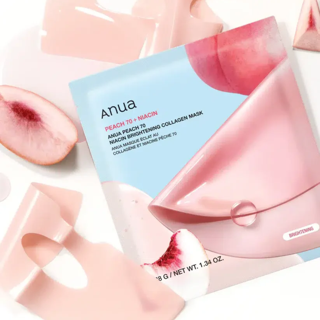 Anua Peach Mack packaging with peaches and masks on a white background
