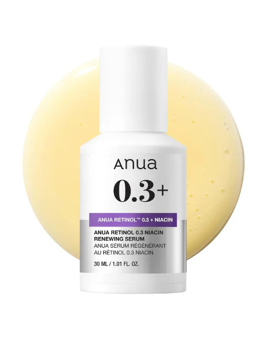 Anua 0.3+ serum bottle with a yellow liquid on a white background