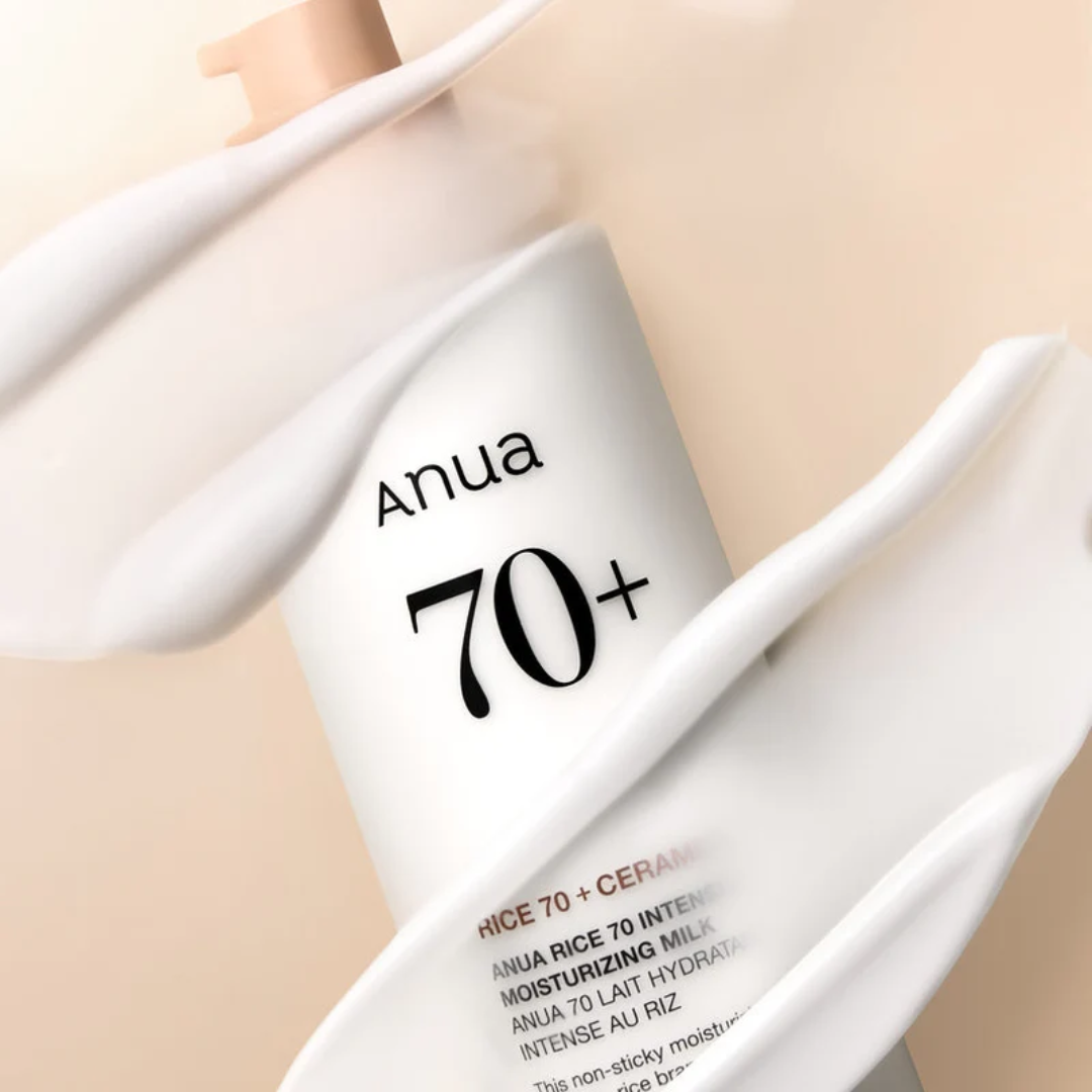 Anua 70+ skincare product on a beige background