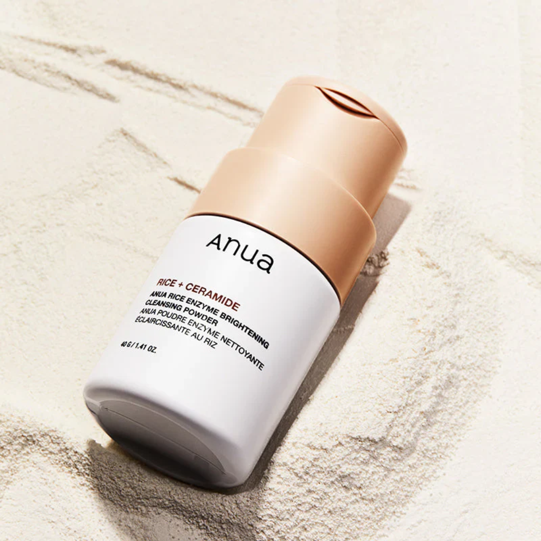 Anua rice and ceramide cleansing powder on a beige background