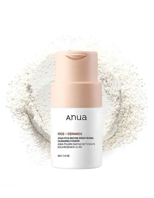 Anua cleansing powder bottle with rice and ceramide powder on a white background