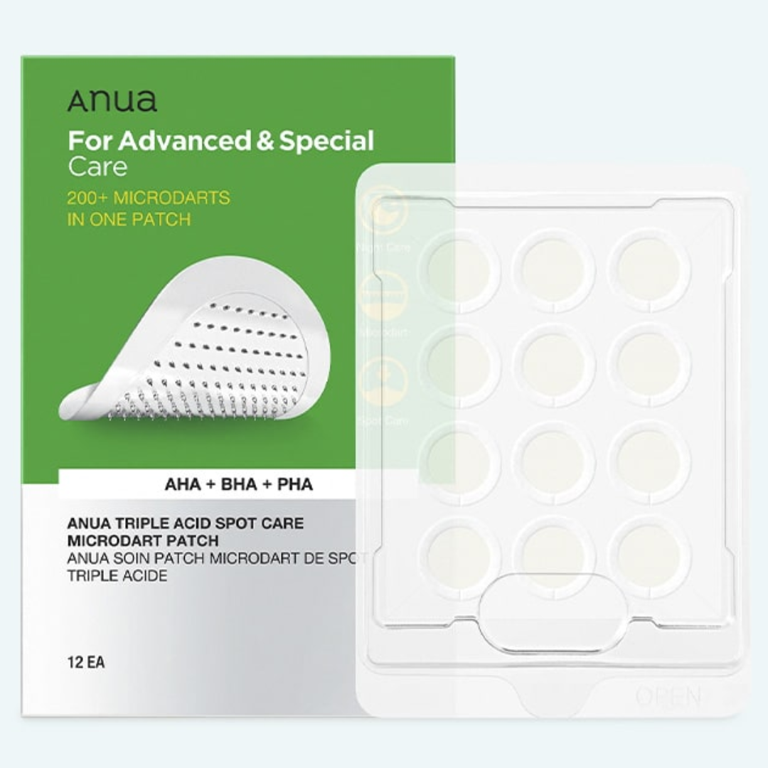 Anua triple acid spot care microdart patch packaging on a white background
