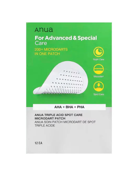 Anua triple acid spot care microdart patch packaging on a white background