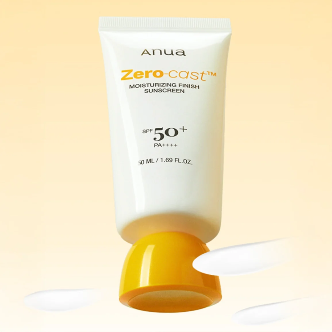 Anua Zero Cast sunscreen tube on a beige background