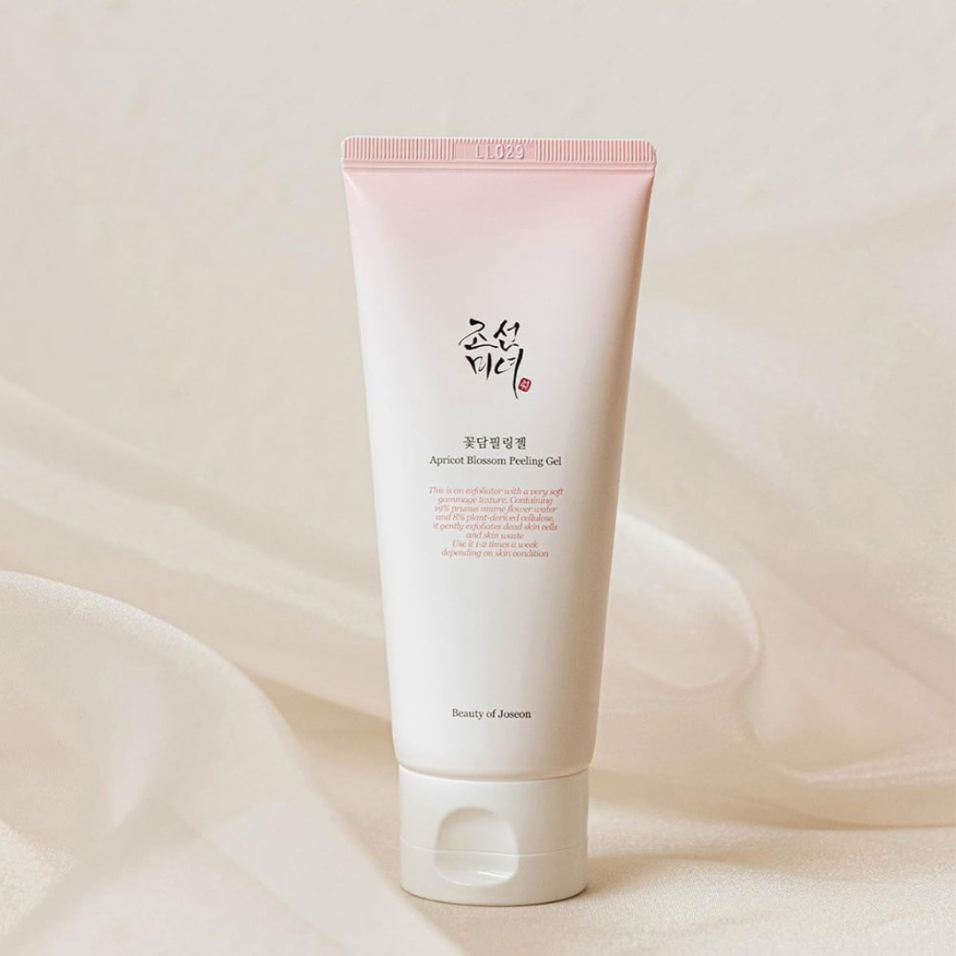 Tube of Beauty of Joseon apricot blossom peeling gel on a soft beige background