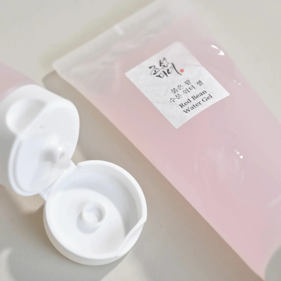 White container with a pink box labeled 'Red Bean Water Gel' on a light background
