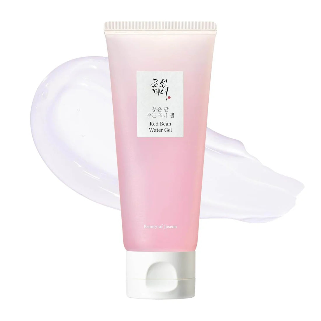 Beauty of Joseon Red Bean water gel bottle with gel swatch on a white background