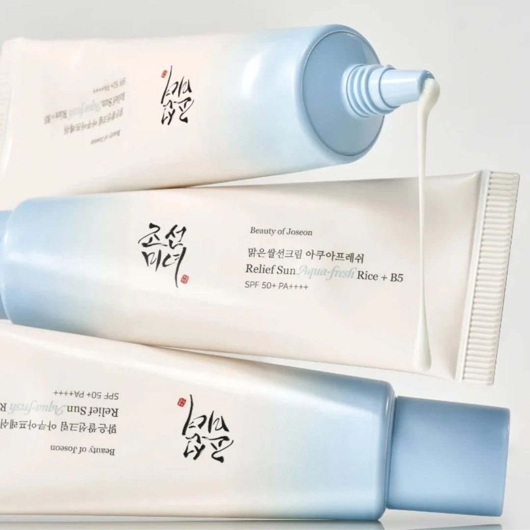 Three tubes of 'Beauty of Joseon' skincare products on a white background