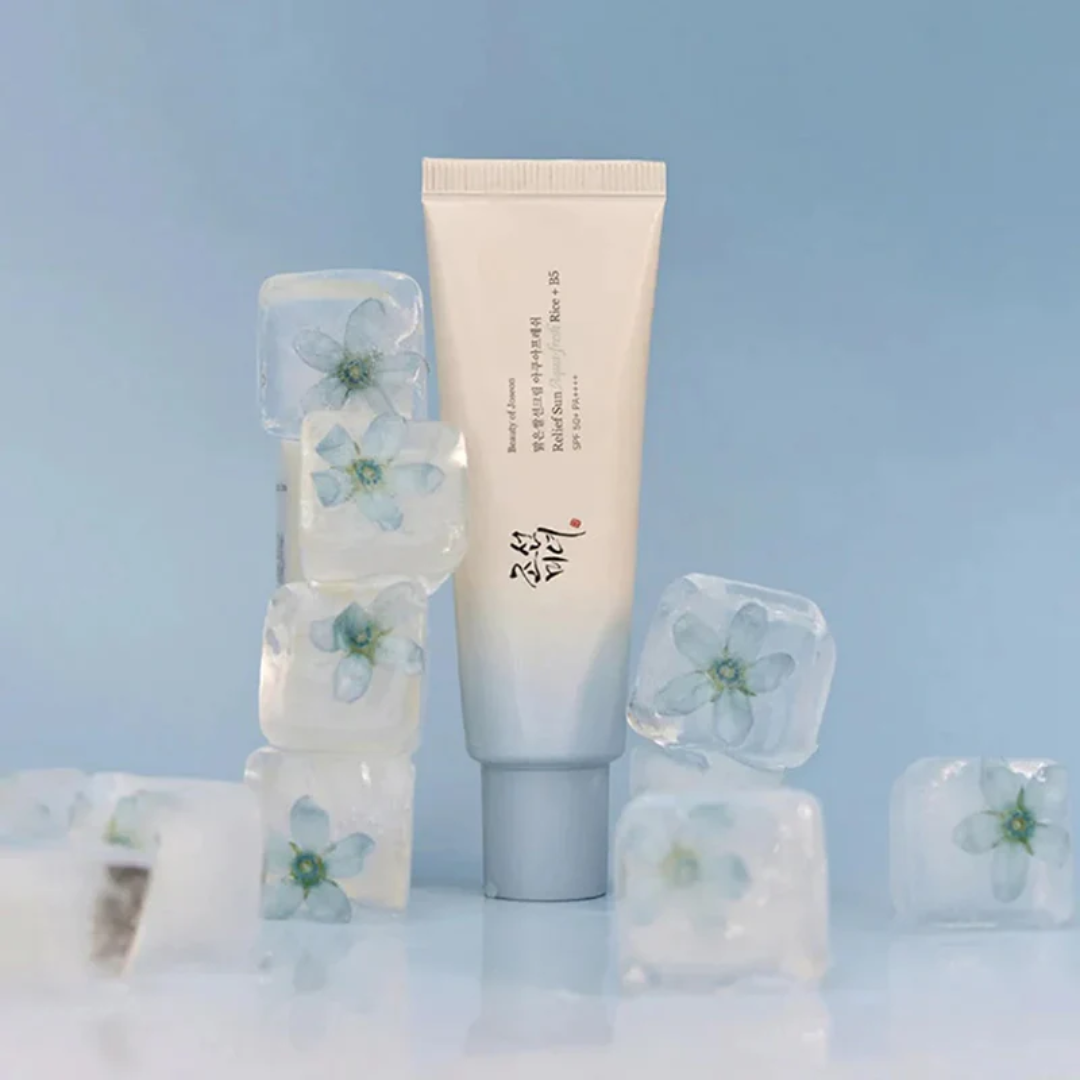 Skincare product with floral design on a light blue background