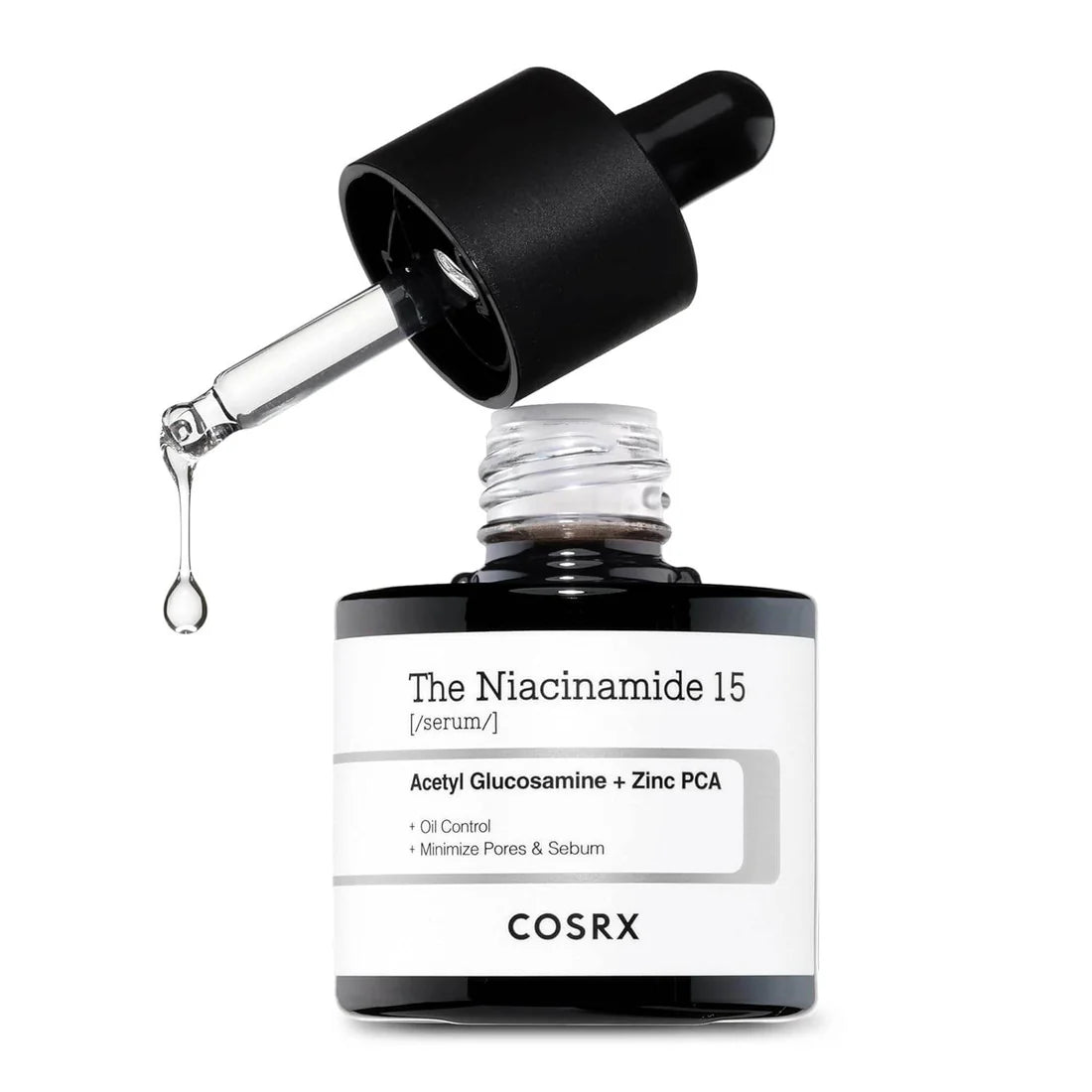 COSRX Niacinamide 15 serum bottle with dropper on a white background