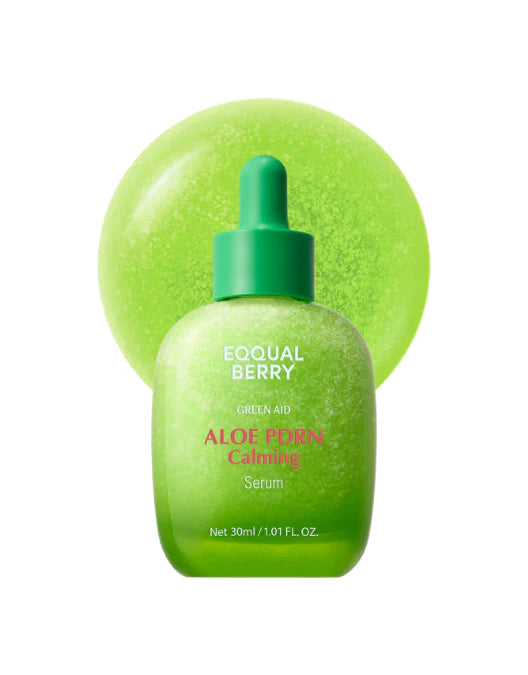 EQQUALBERRY Aloe calming seru bottle with a green liquid on a white background