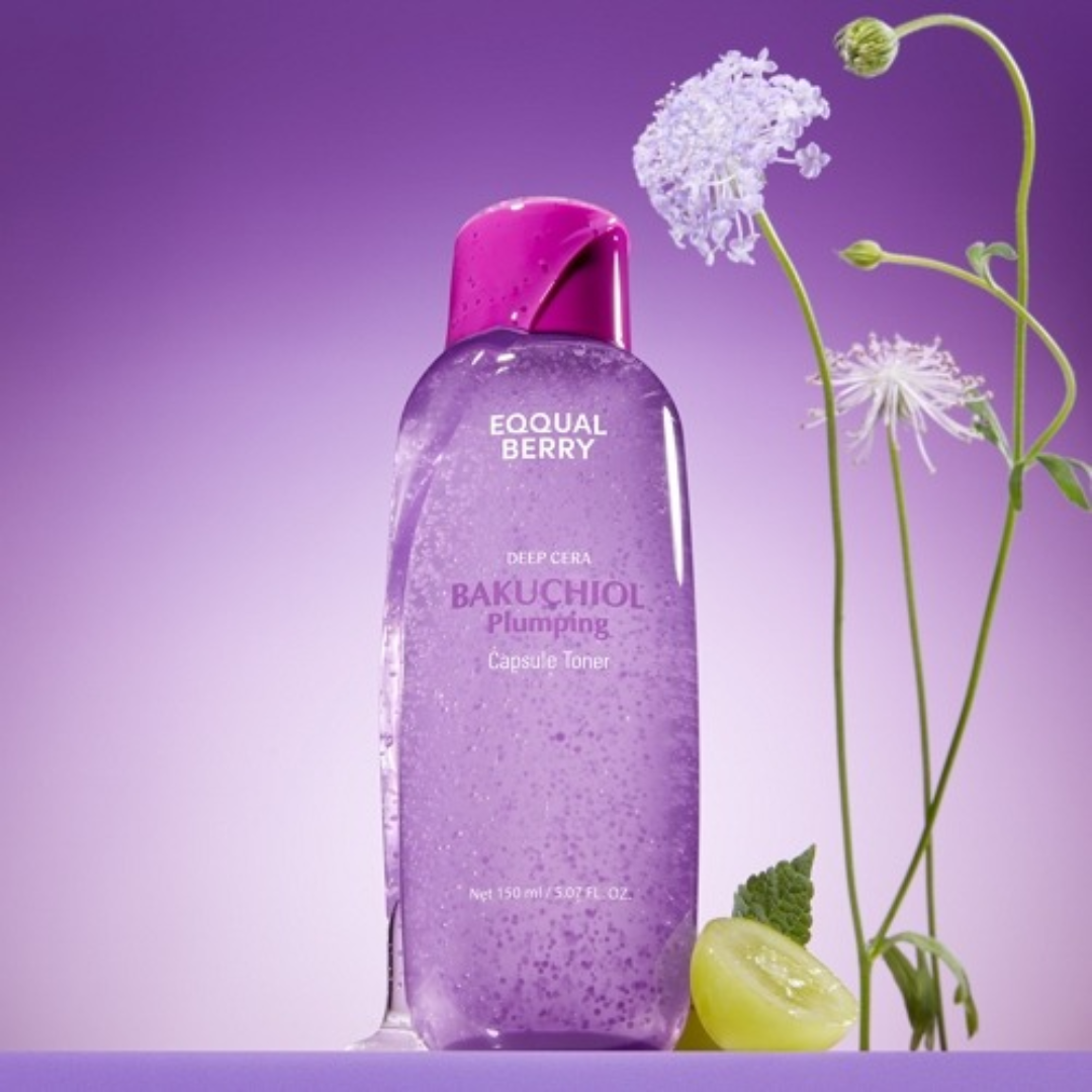 Bottle of Equal Berry skincare product with flowers on a purple background