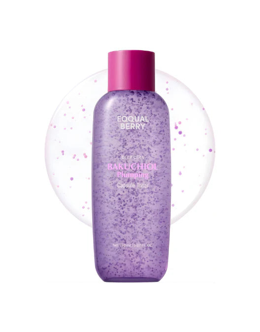 EQQUALBERRY Bakuchiol Plumping Capsule Toner with liquid drop on a white background