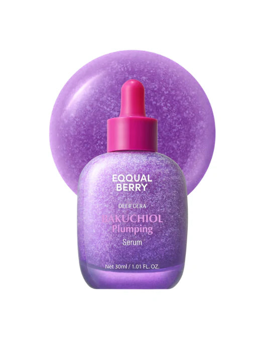 EQQUALBERRY Bakuchiol Plumping Serum bottle with purple liquid on a qhite background
