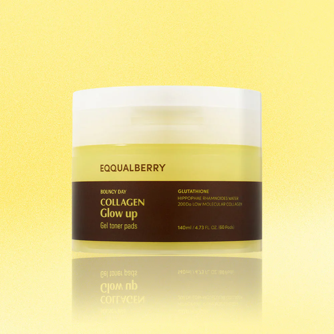 Collagen gel toner pads container with 'Eqqualberry' branding on a yellow background