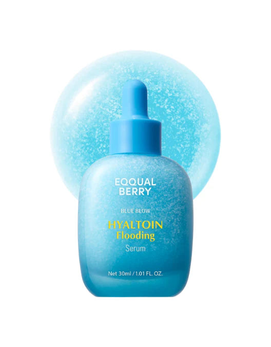 EQQUALBERRY Hyaltoi Flooding Serum bottle with a blue liquid on a white background