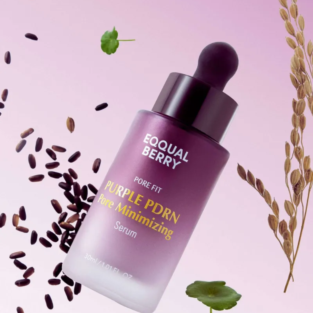 Purple skincare serum bottle with dropper on a pink background with seeds and plants.