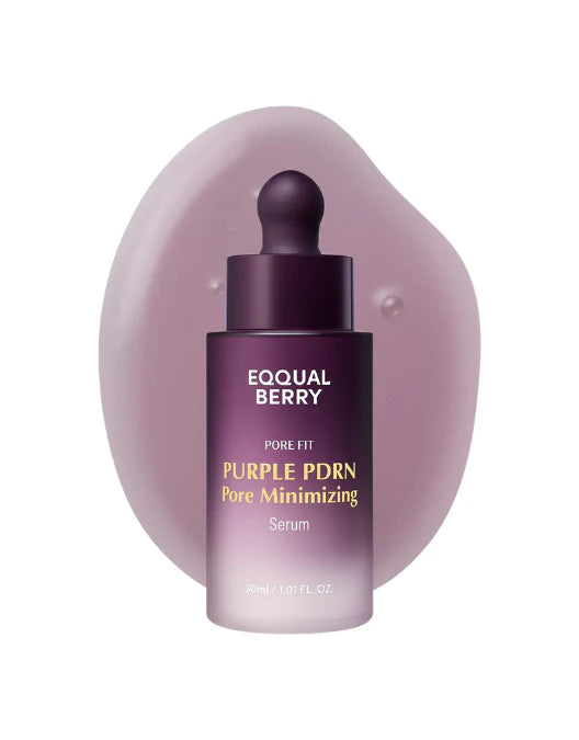 EQUAL BERRY Purple PDRN Pore Minimizing Serum bottle with dropper on a light purple background