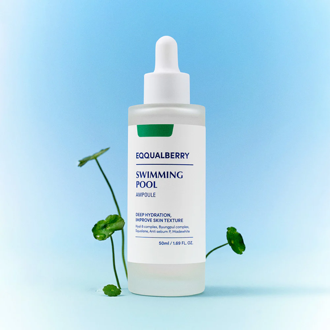 Skincare bottle labeled 'EQUALLBERRY' on a light blue background with green leaves.