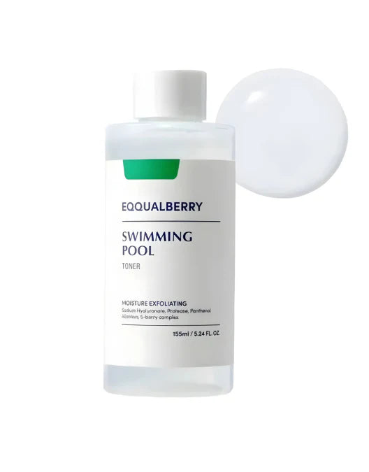 Equalberry swimming pool toner bottle with white droplet on a white background
