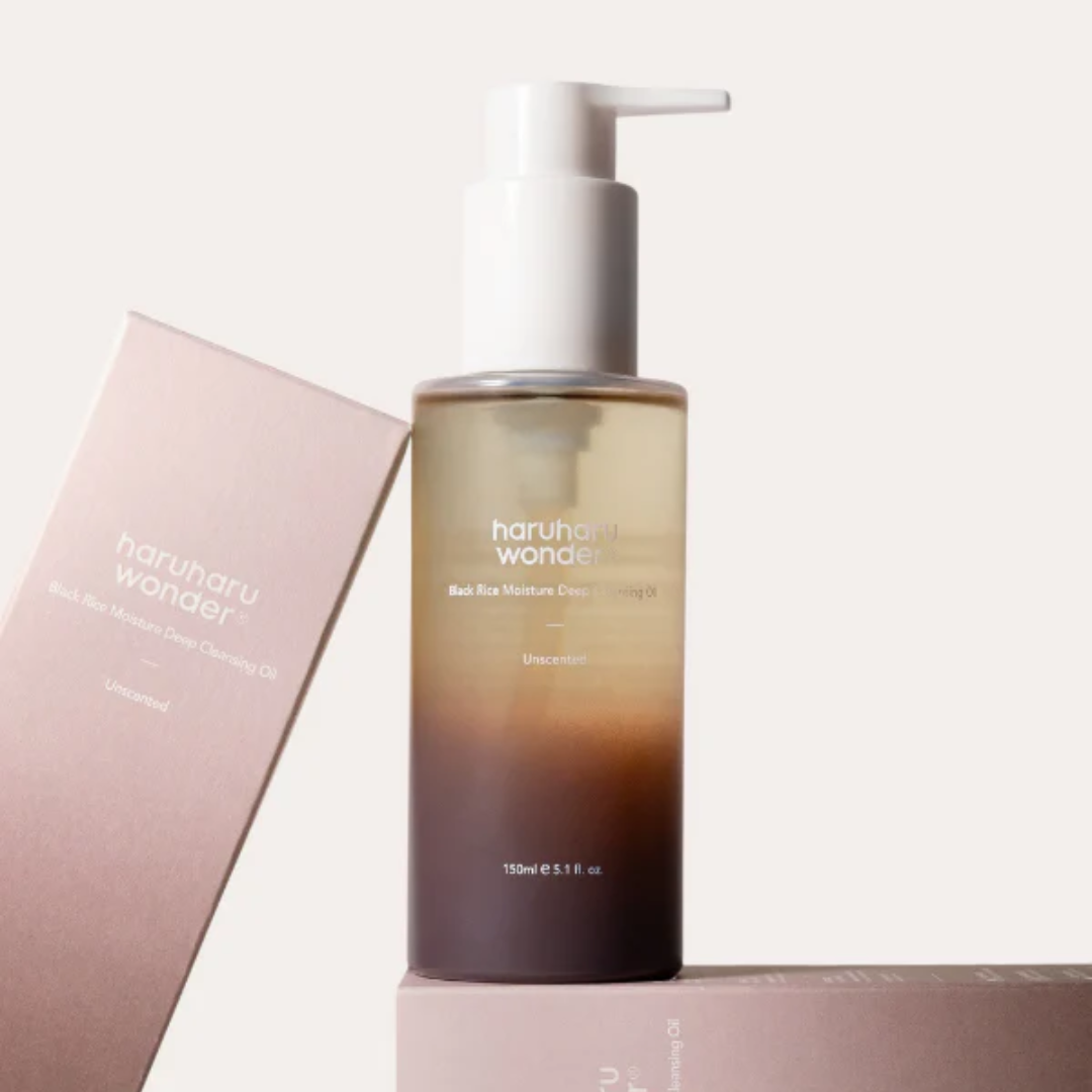 Haruharu Wonder skincare product with pump and pink packaging on a light background