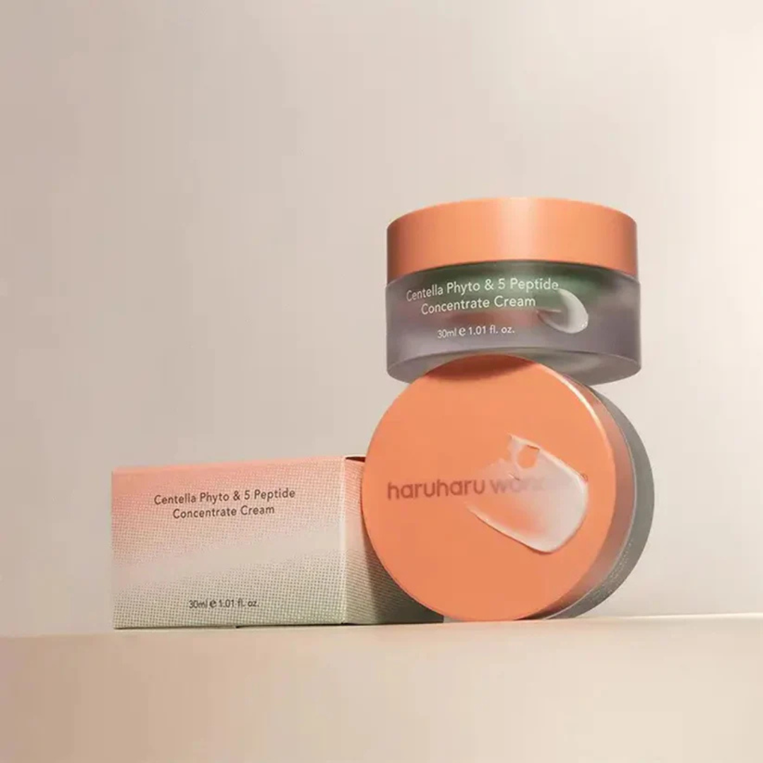 Haruharu Woah skincare cream jar and packaging on a beige background