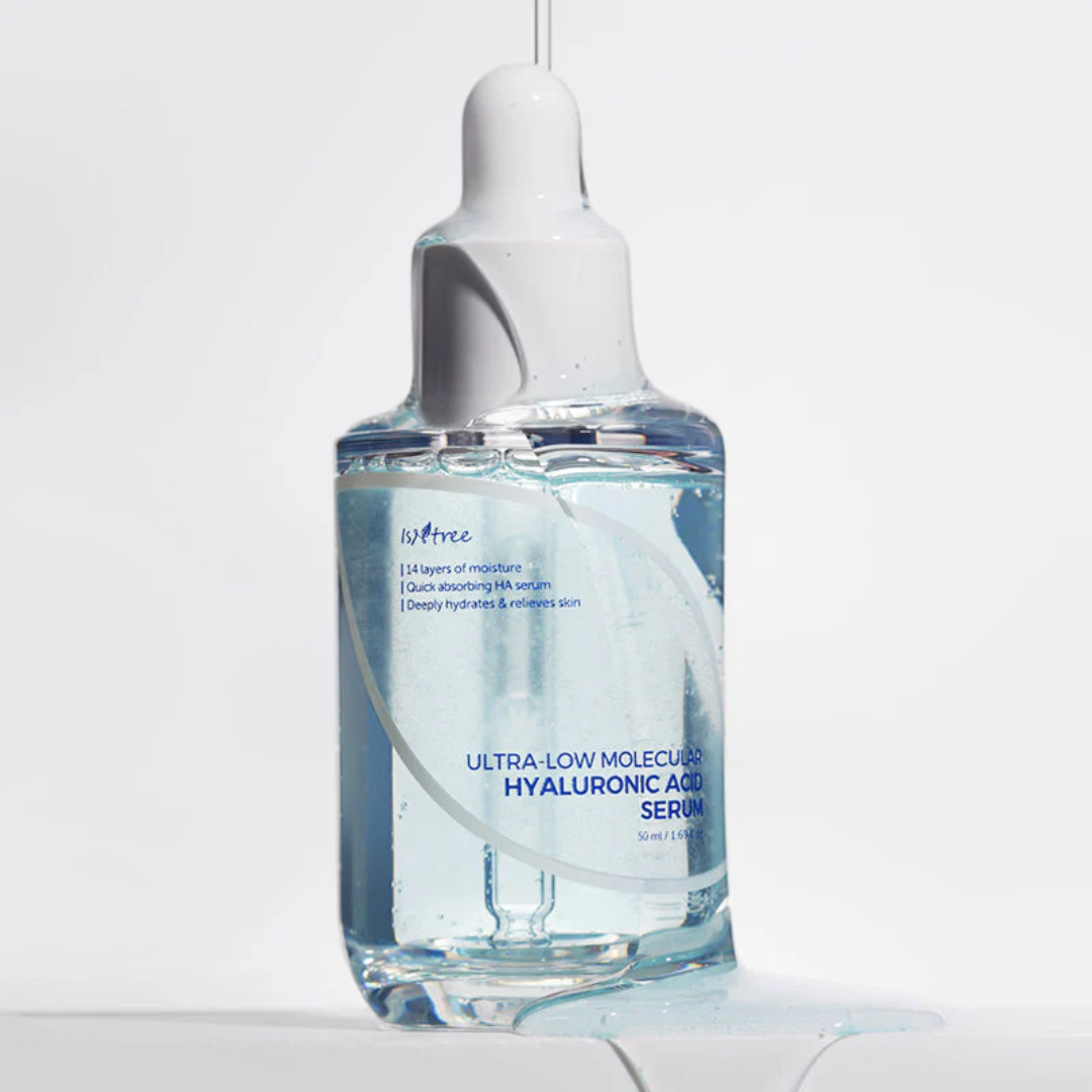 Bottle of ultra-low molecular hyaluronic acid serum on a light gray background