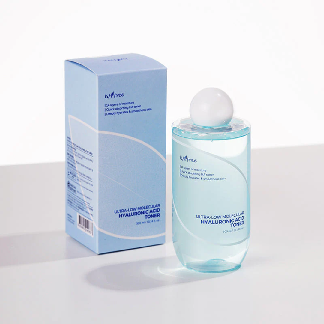 Ultra-low molecular hyaluronic acid toner bottle and packaging on a white background