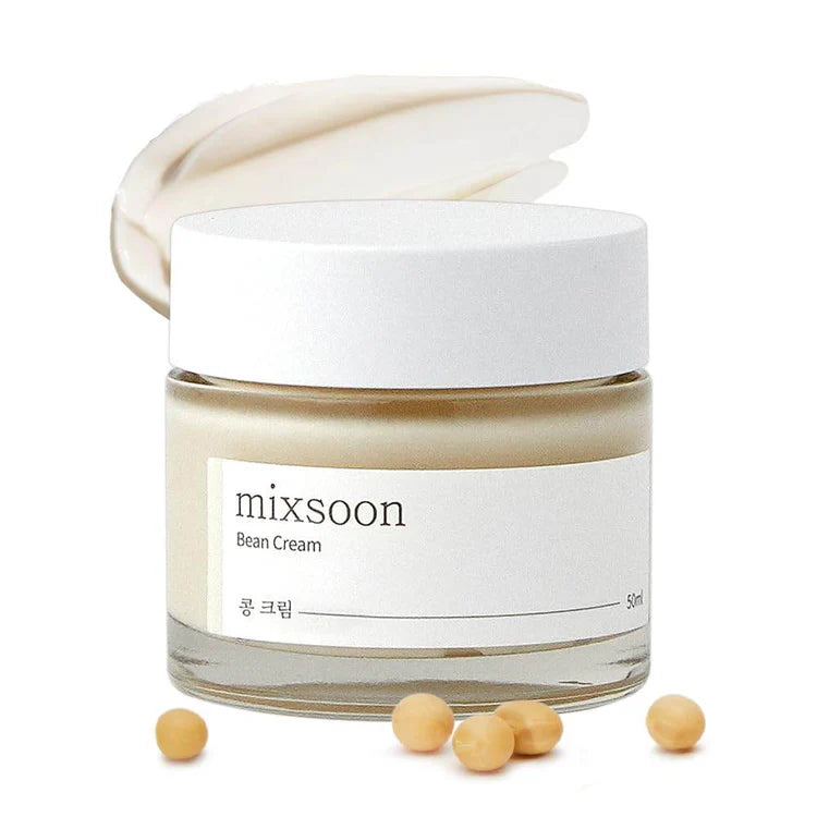 Mixsoon bean cream jar with swatch and beans on a white background